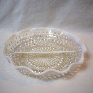 Vintage Fenton Clear Glass and Opalescence Hobnail Moonstone Divided Dish